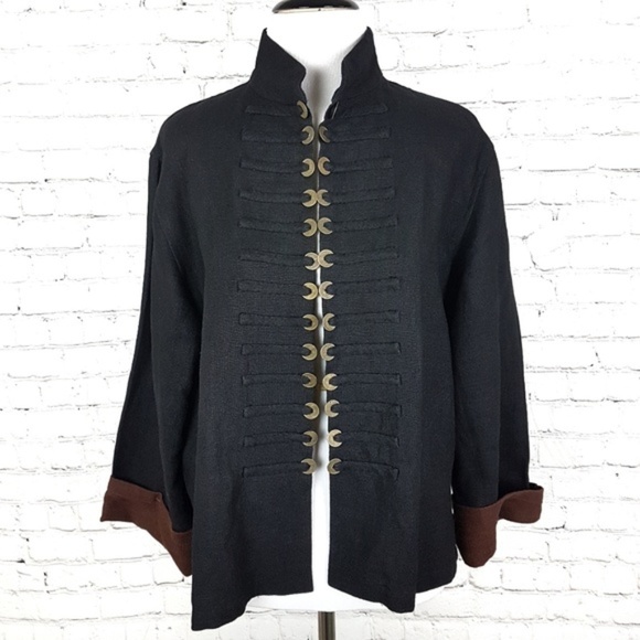 Peacock Ways Jackets & Blazers - Peacock Ways Black Linen Coin Military Blazer